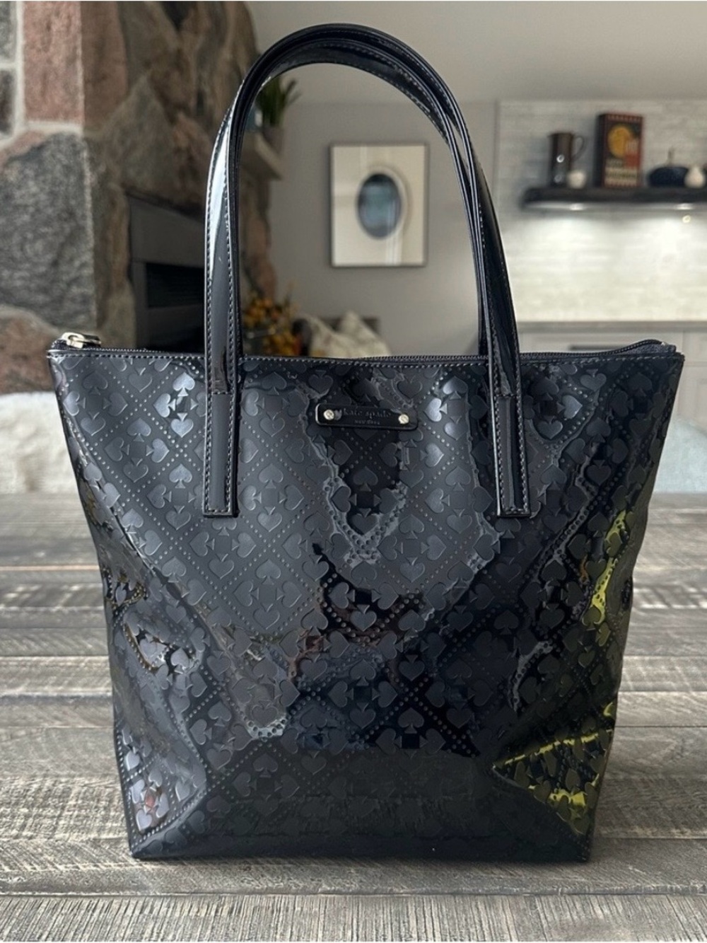 kate spade Black Quilted Patent Tote with Embossed Logo Pattern